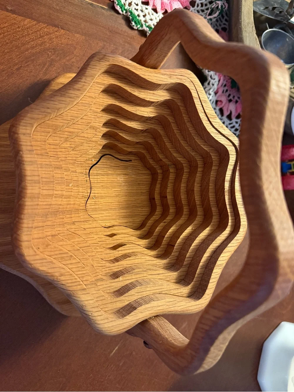 Handcrafted Wooden Nesting Basket - Light Brown that folds to trivet